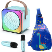 Blue Mini Karaoke Machine with 2 Wireless Mics LED Speaker & Bag