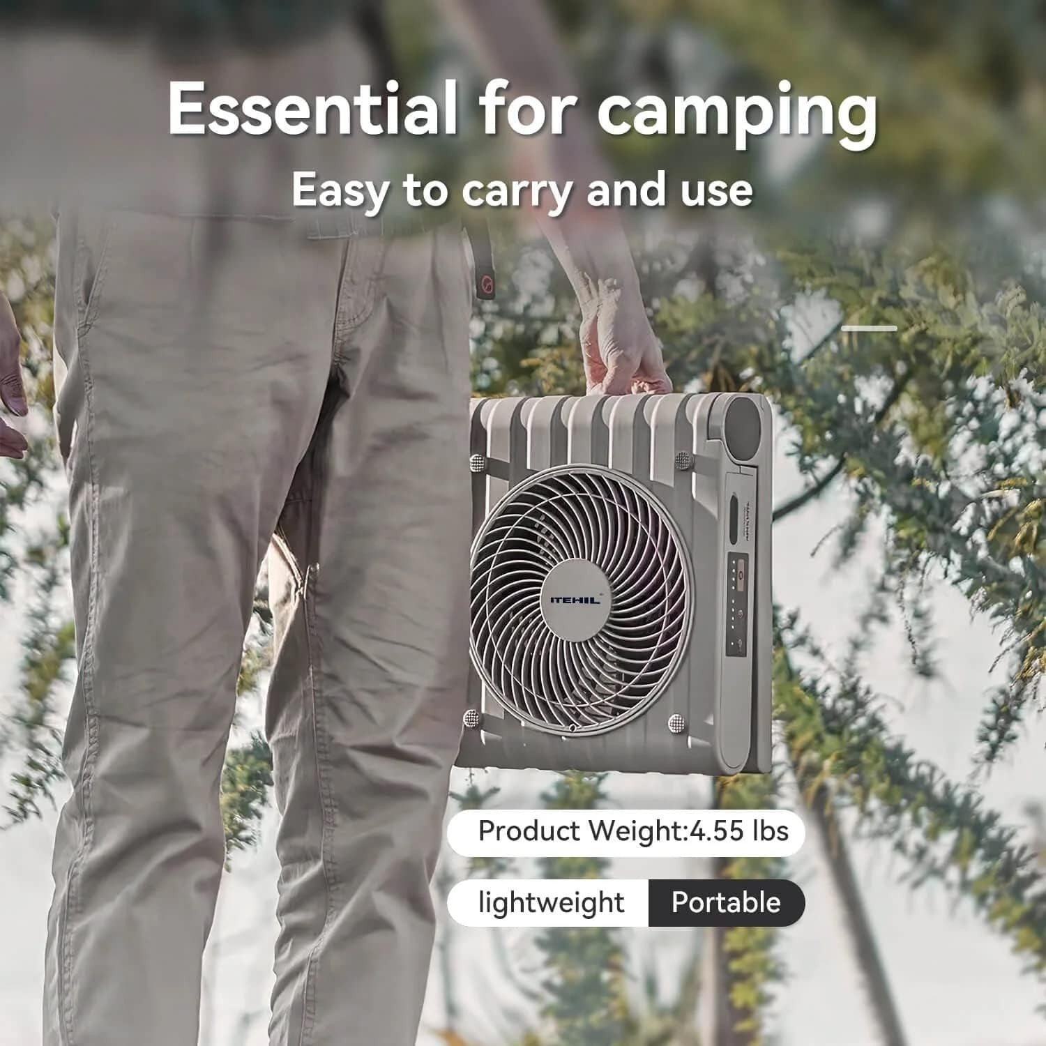 Portable Solar Electric Fan – USB 10000mAh Battery - 4 Speeds, 4 Timers, Gray