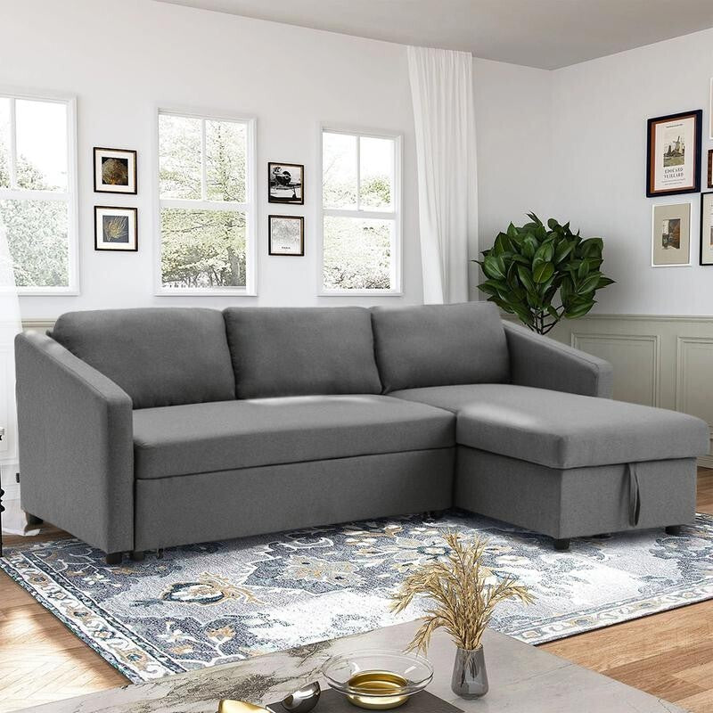 Grey Corner Sofa Bed with Storage 3 Seater Pull Out Sleeper Couch for Flats