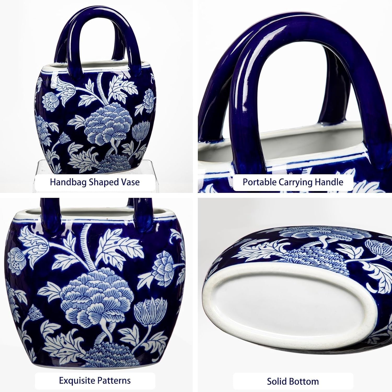 Blue White Ceramic Flower Vase Handbag Style Table Decor Porcelain 27cm