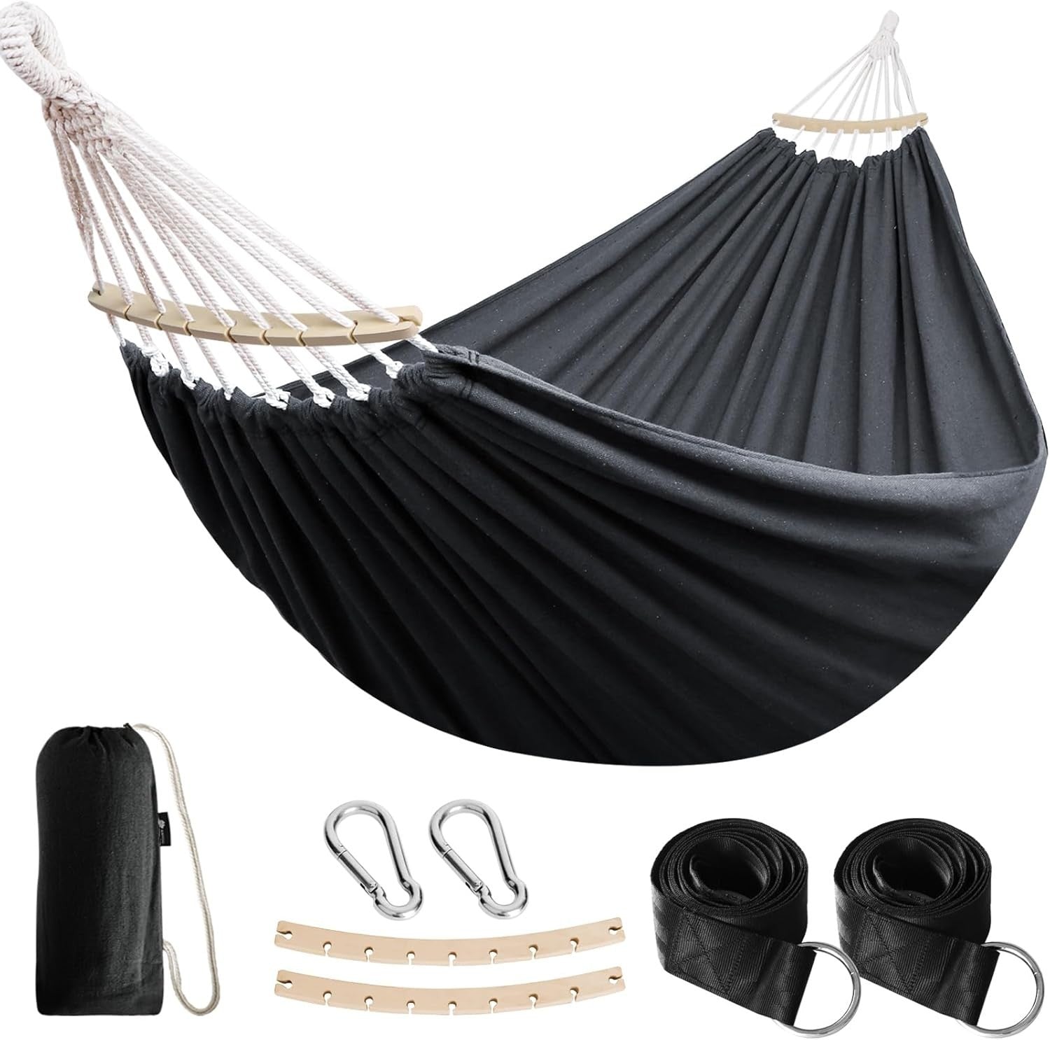 Outdoor Cotton Hammock with Spreader Bars & Tree Straps – Portable - Black