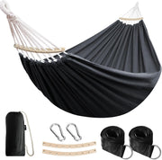 Outdoor Cotton Hammock with Spreader Bars & Tree Straps – Portable - Black