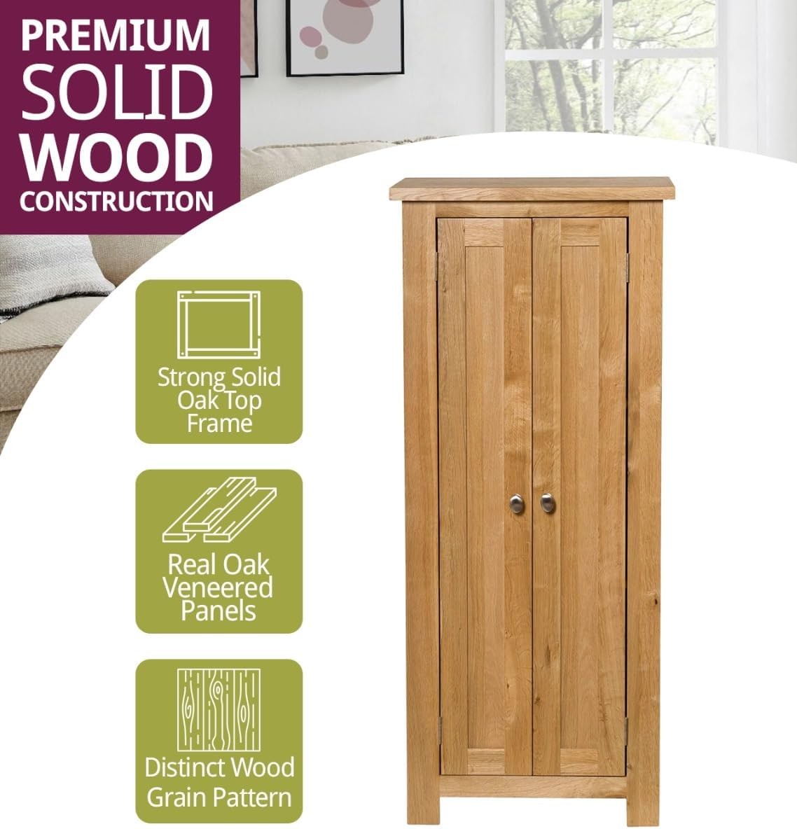 Narrow Oak Storage Cabinet 2 Door Cupboard | Adjustable Shelves Solid Wood Unit