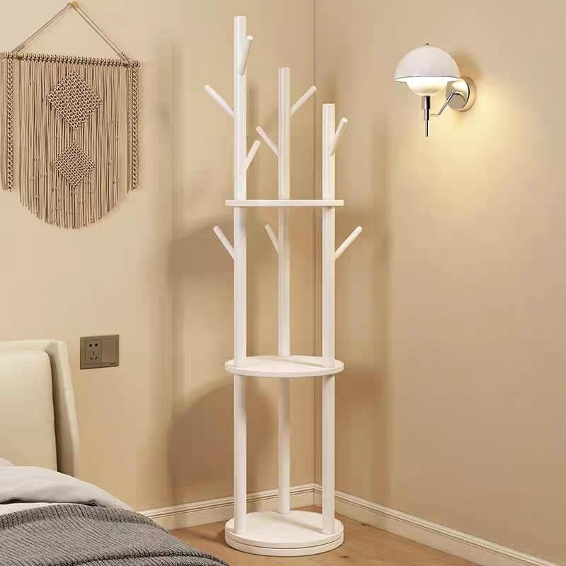 360° Rotating White Wooden Coat Rack Stand with Shelf Solid Wood Hall Tree