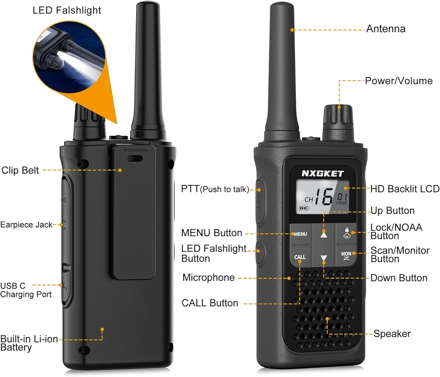 PMR446 Walkie Talkies 2 Pack Long Range 5KM Rechargeable VOX Radio