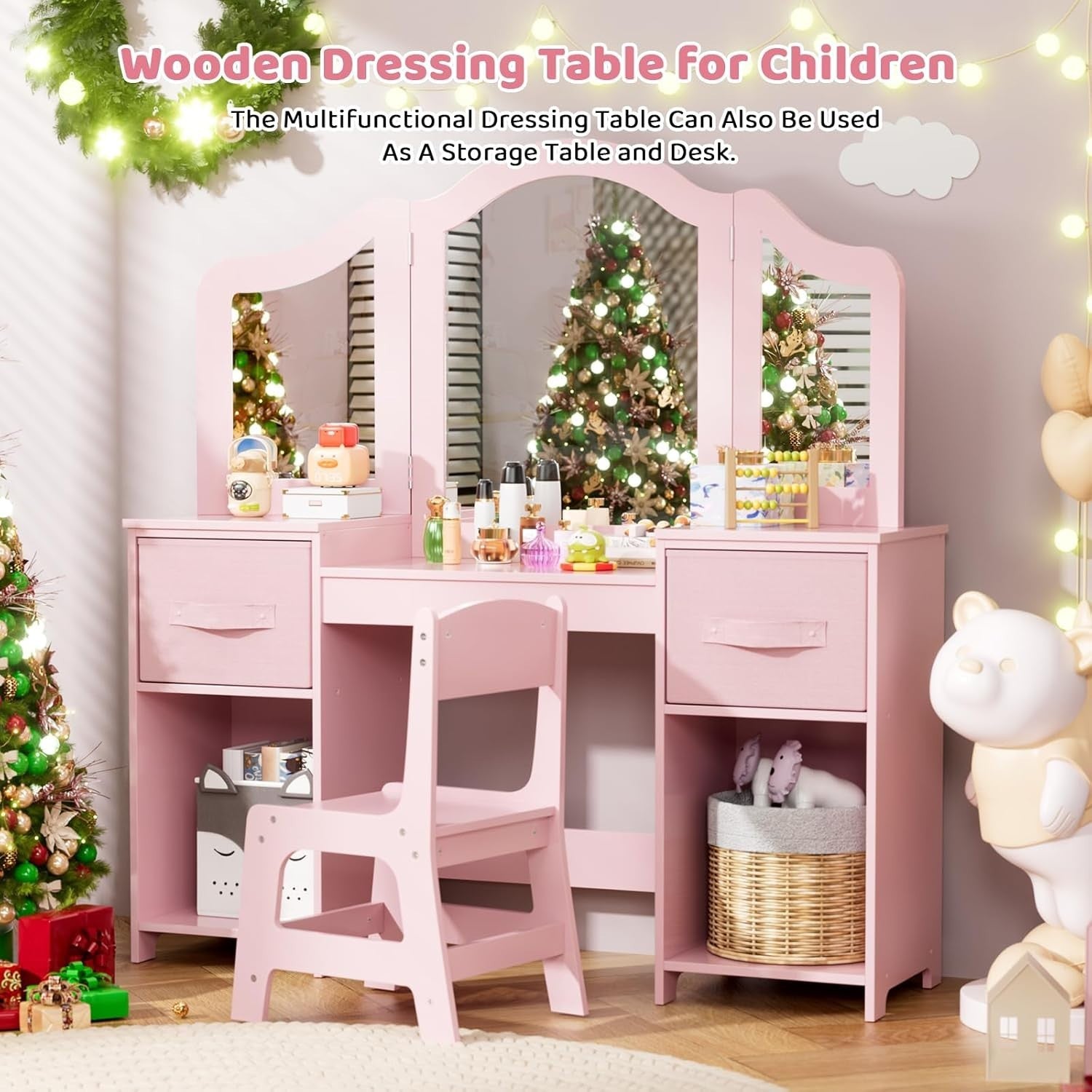 Kids Vanity Table & Chair Set with Tri-Fold Mirror Storage Desk Pink 108cm