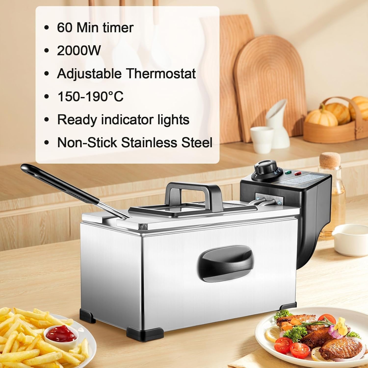 10L Deep Fat Fryer 2500W Stainless Steel Adjustable Temp Basket Lid