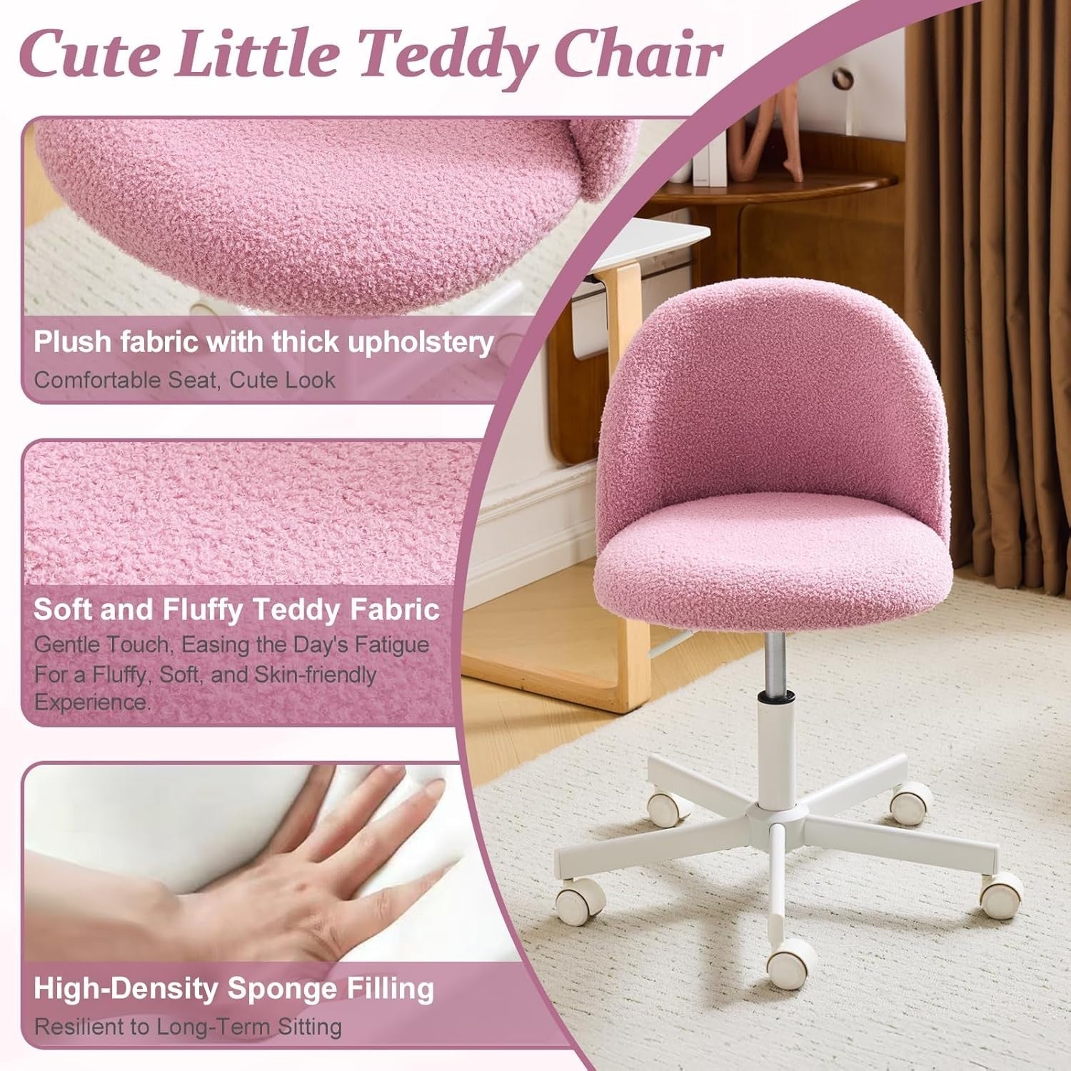 Lilac Purple Teddy Desk Chair – Adjustable Cute Swivel Office Seat with Wheels