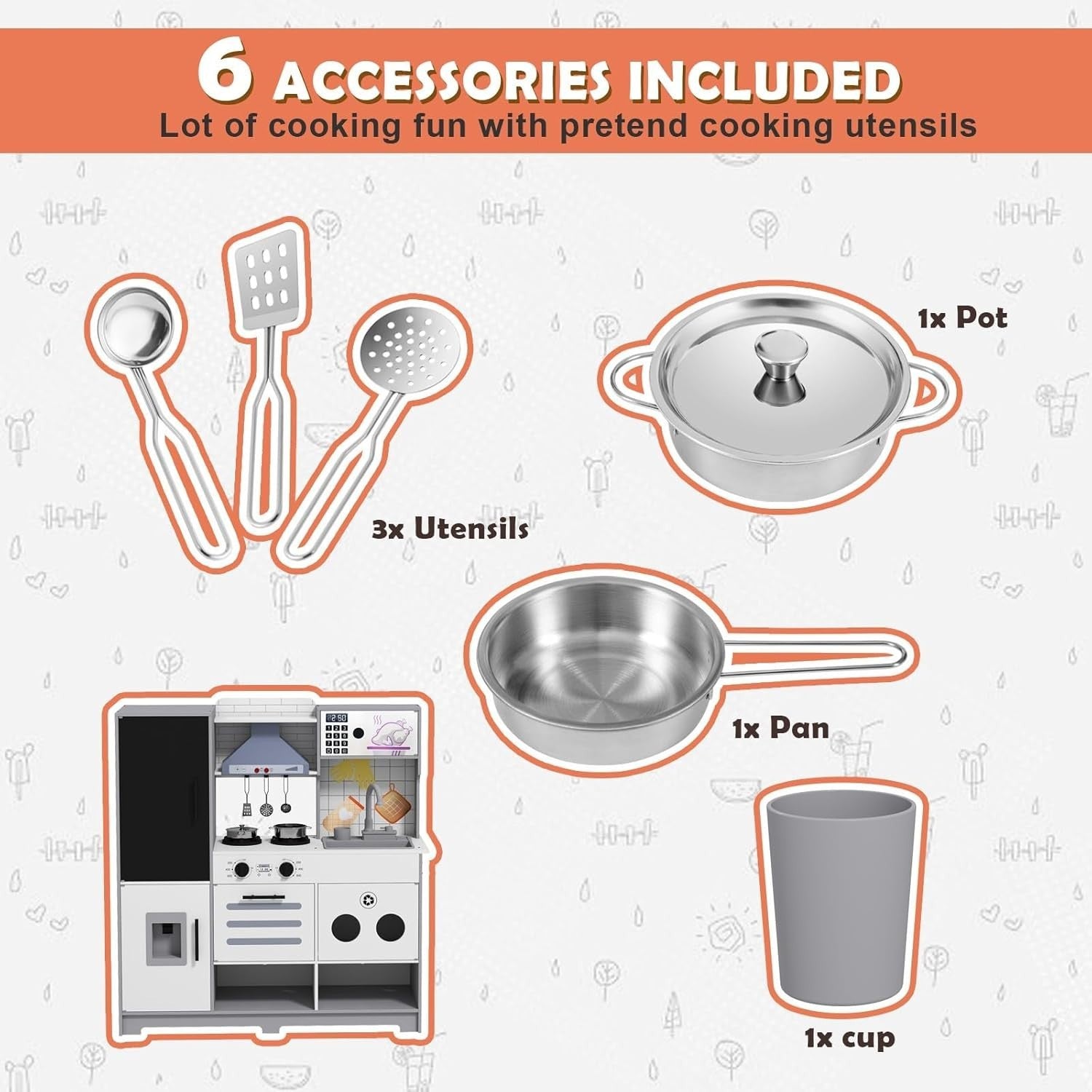 Large Wooden Kids Play Kitchen Lights Sounds Ice Maker Chalkboard