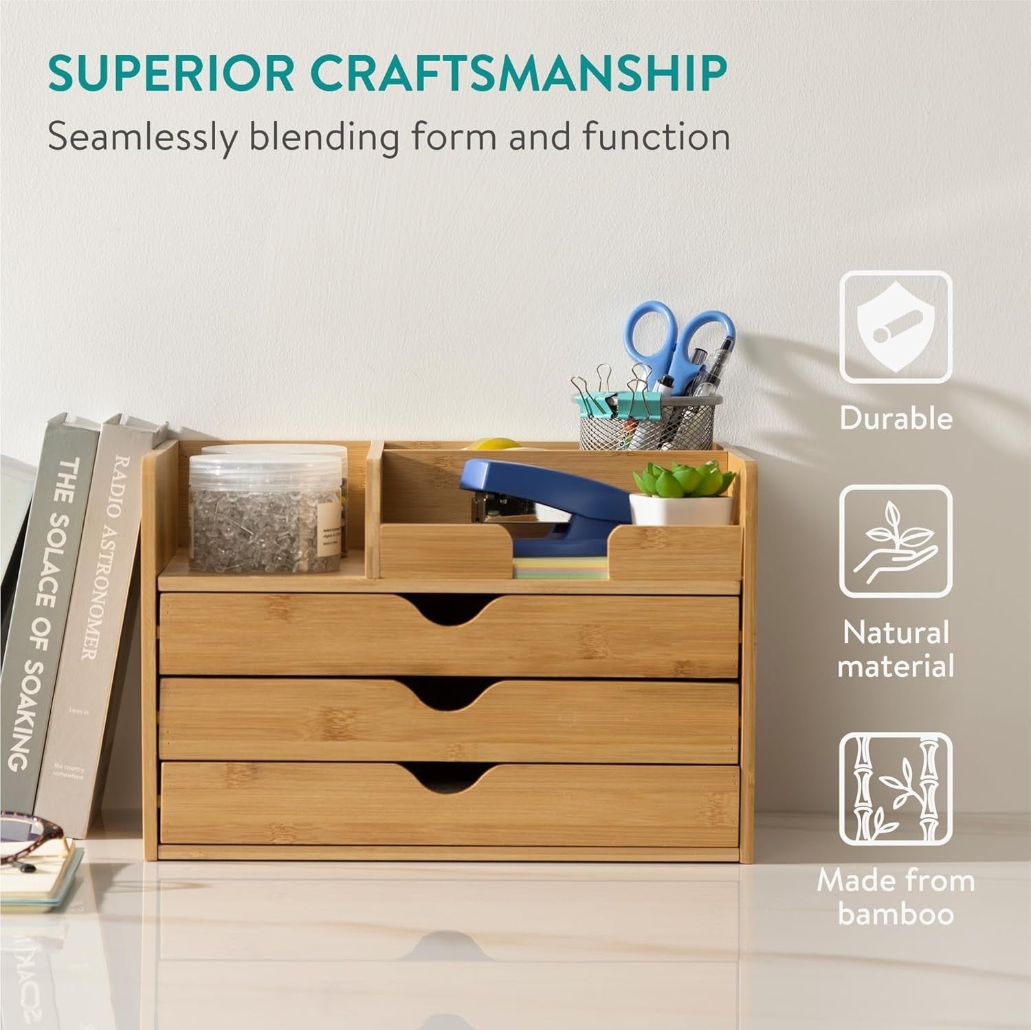 Bamboo Desk Organiser High Capacity Desktop Storage Drawers A4 Paper