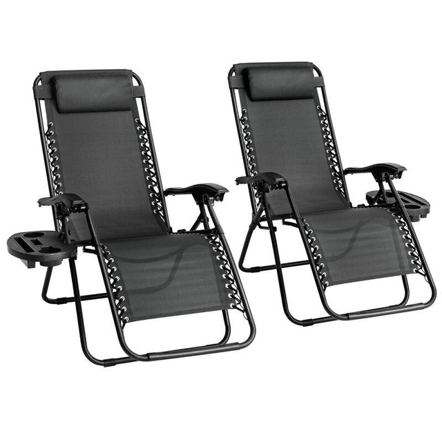 Zero Gravity Reclining Garden Chairs Set of 2 – Folding Sun Loungers w/ Cup Hold