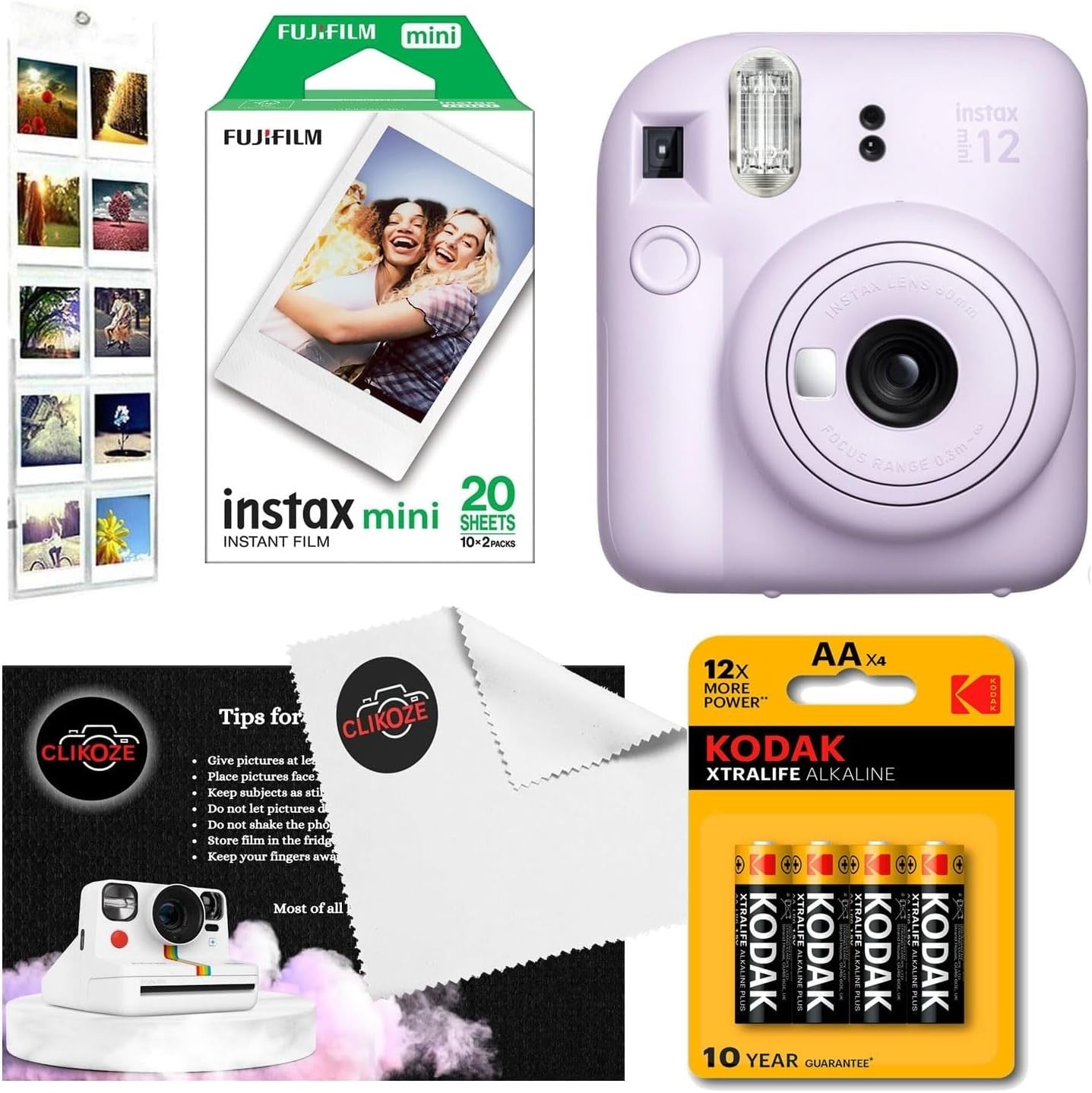 Instant Camera Bundle Purple 20 Film Shots Wall Album Selfie Lens
