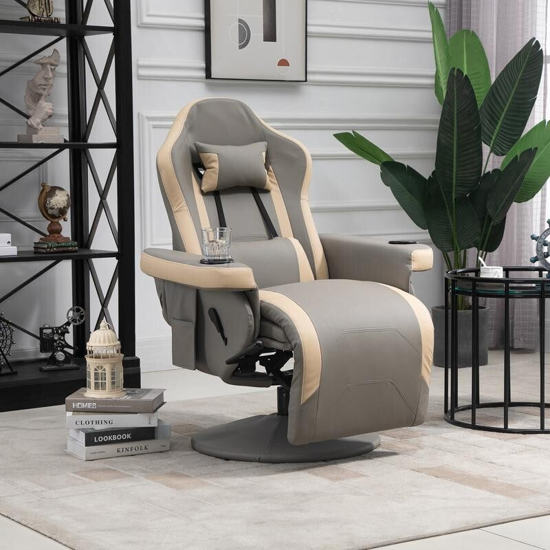 Gaming Recliner Chair Swivel Armchair w/ Footrest Cup Holders Pockets Grey (VV)