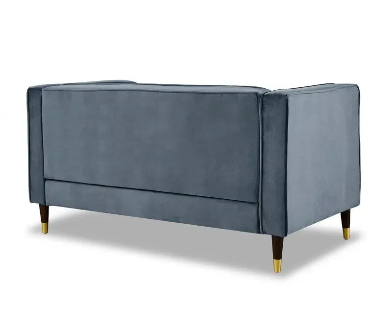 Grey Velvet 2 Seater Sofa Ribbed Back High Arms Wood Legs Modern Couch