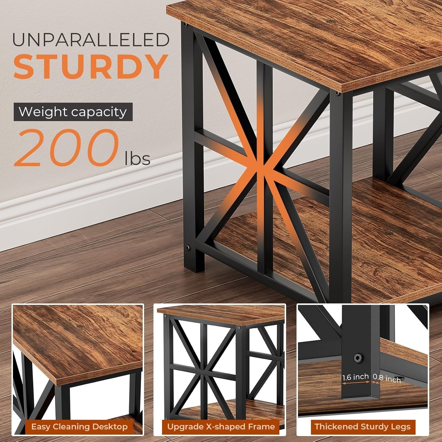 Walnut 2-Tier Square Side Table 60x60x60 cm | Large End Table w/ Storage