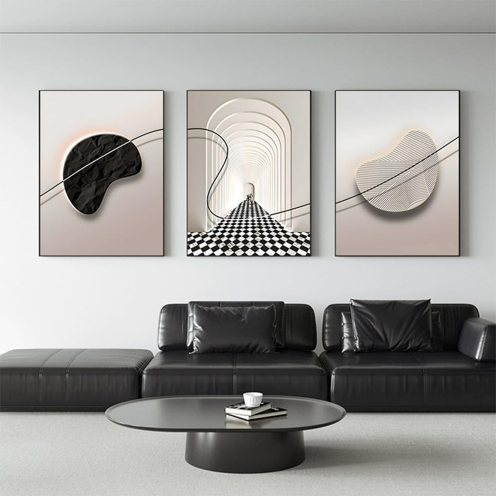 Large Black & White Abstract Framed Wall Art Set 3 Panels 24x32 in