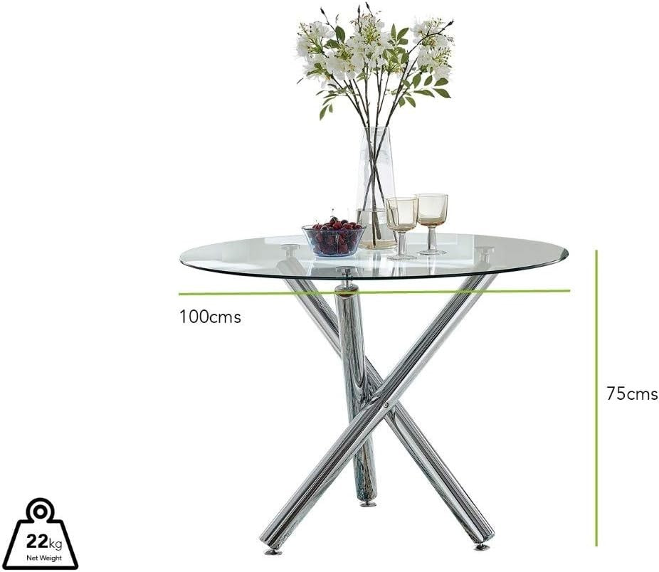Round Glass Dining Table 100cm Silver Chrome Modern 4 Seater