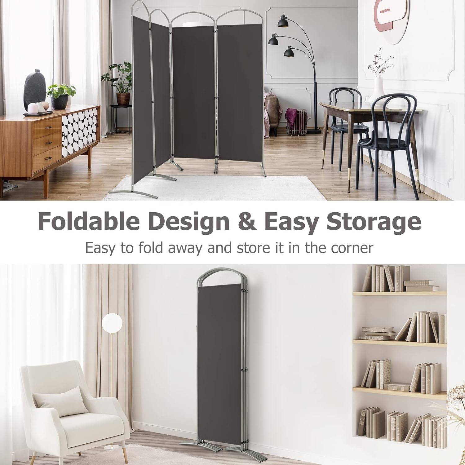 4 Panel Grey Folding Room Divider Privacy Screen for Bedroom Office 188cm High