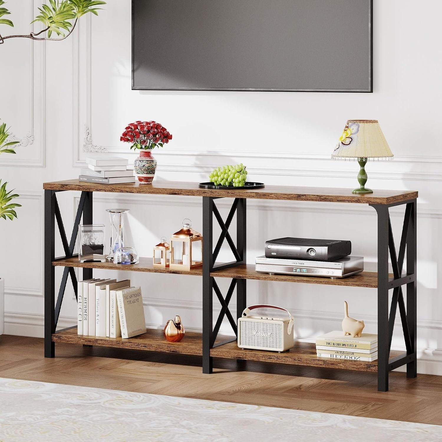 Rustic Wood Console Table Sofa Entryway Desk w/ Shelves 63" Storage