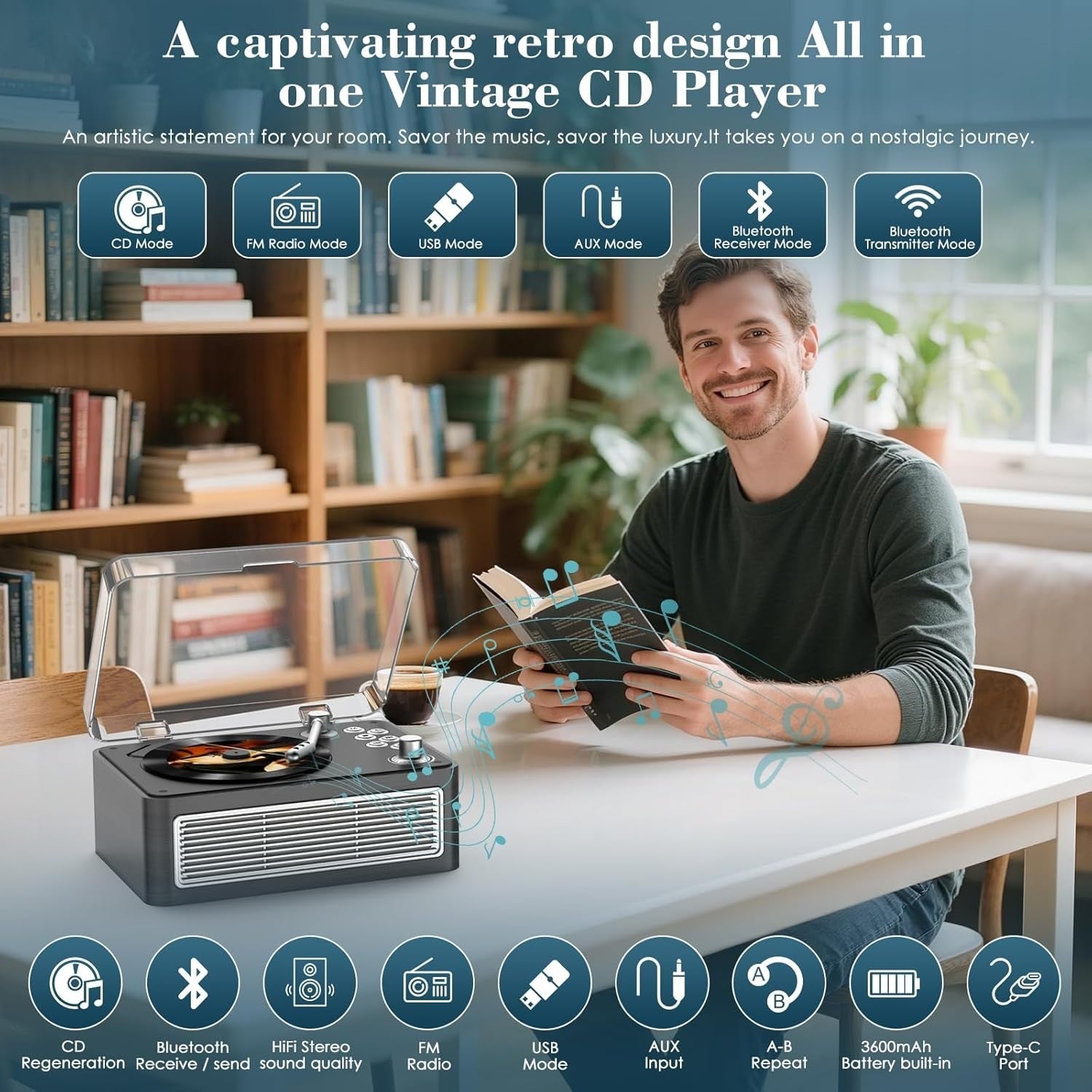Retro Bluetooth CD Player FM Radio USB AUX HiFi Speakers Ebony