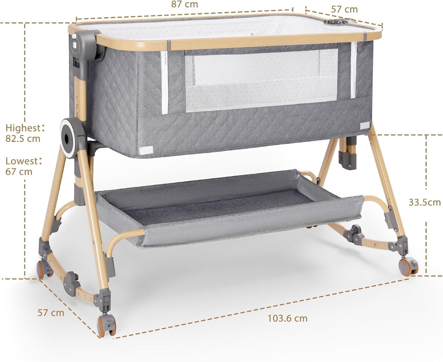 5in1 Baby Bedside Crib Adjustable Height Travel Cot with Mattress & Storage Grey
