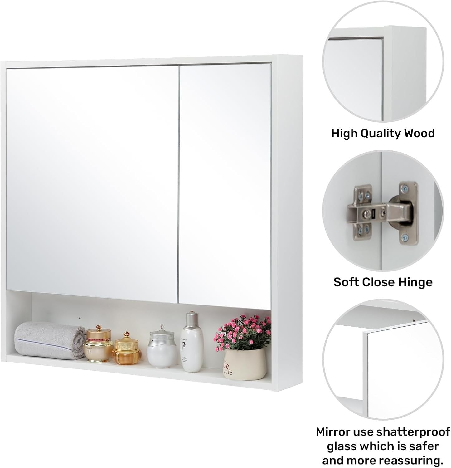 Double Door Bathroom Mirror Cabinet 78x75cm with Wall Mount & Storage Shelves