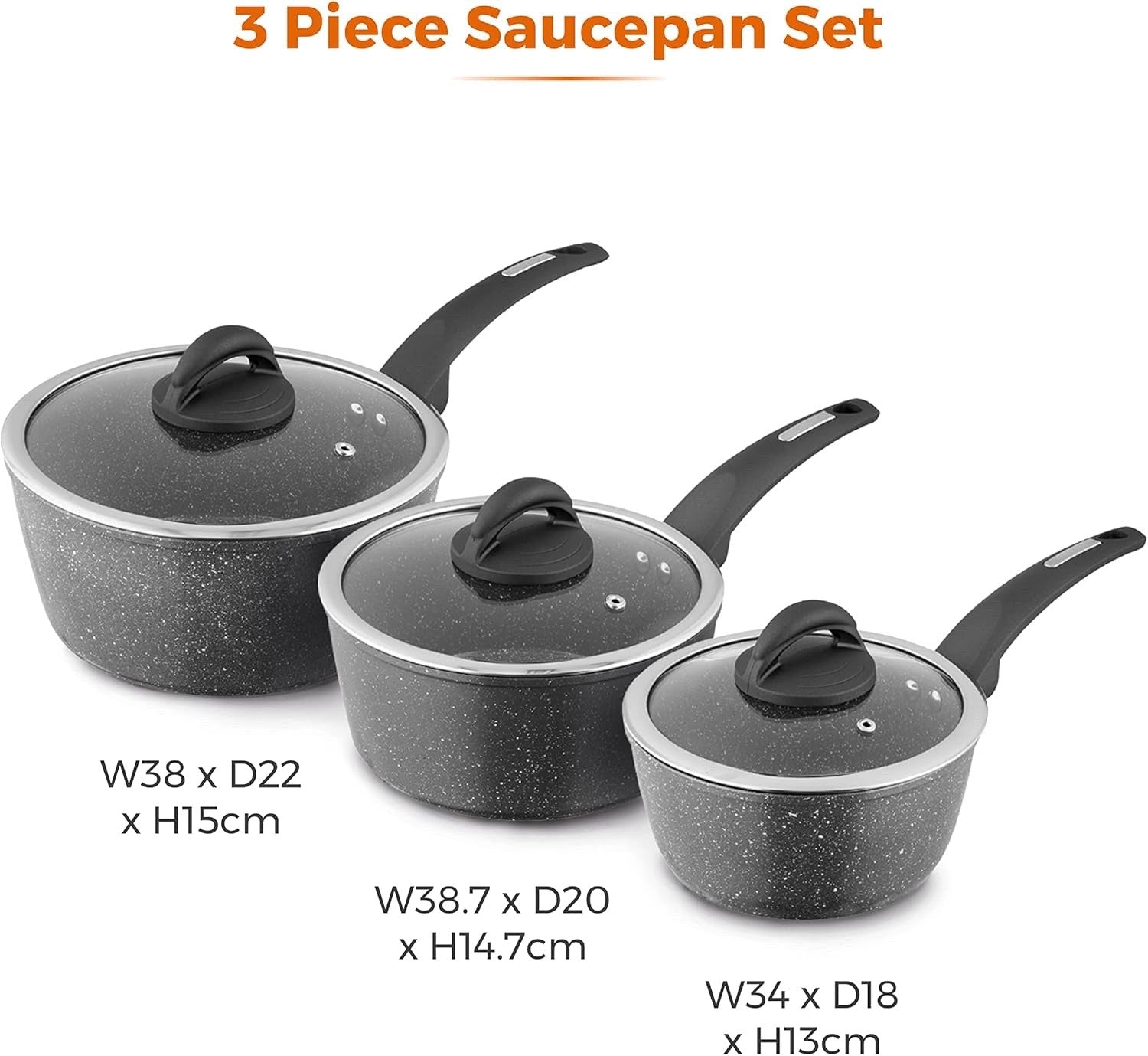 3pcs Graphite Non Stick Induction Saucepan Set 18/20/22cm with Glass Lids