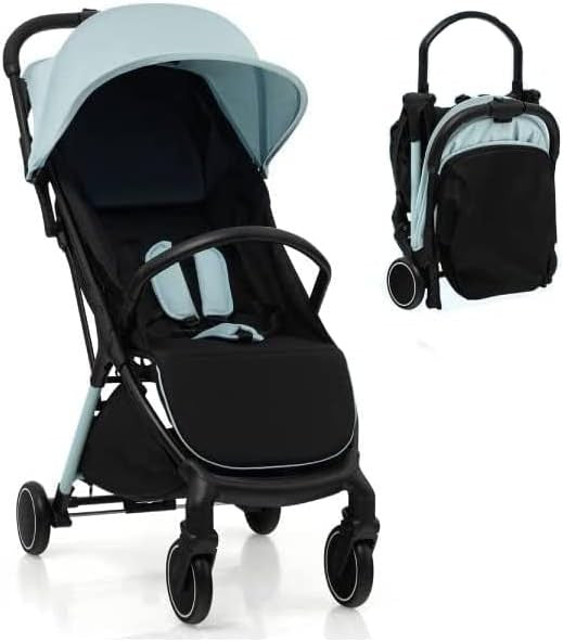 Blue Baby Stroller One Hand Fold Lightweight Travel Buggy 5 Point