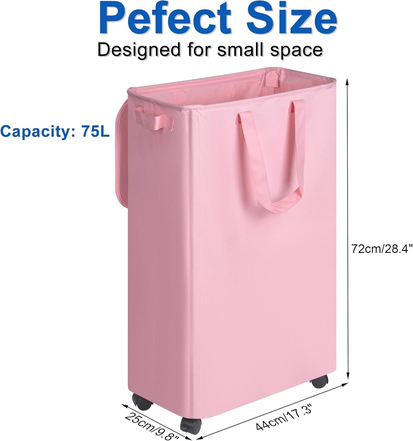 Slim 75L Pink Laundry Hamper with Lid & Wheels – Tall Rolling Basket for Small S