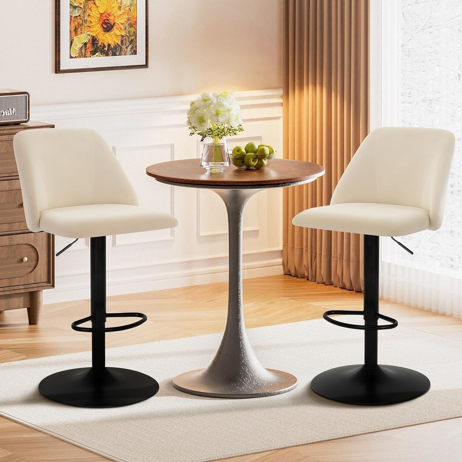 Adjustable Swivel Bar Stools Set of 2 | Square Fabric Seat, Metal Base