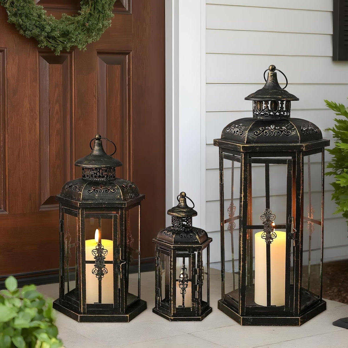 3 Pack Metal Candle Lanterns Indoor Outdoor Black Gold