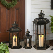 3 Pack Metal Candle Lanterns Indoor Outdoor Black Gold