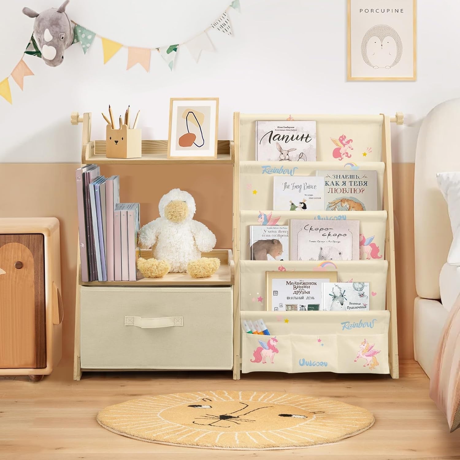 Unicorn Kids Bookcase & Toy Storage – 4-Tier Montessori Organizer Shelf