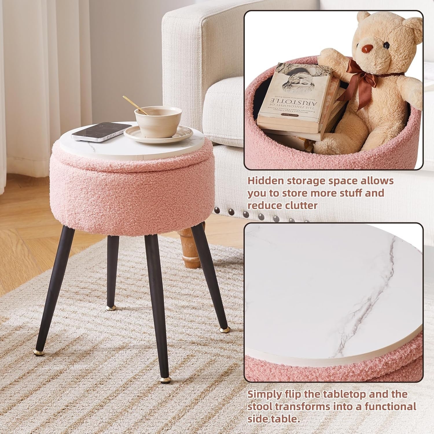 Pink Round Teddy Fur Vanity Stool with Storage – Soft Ottoman Seat