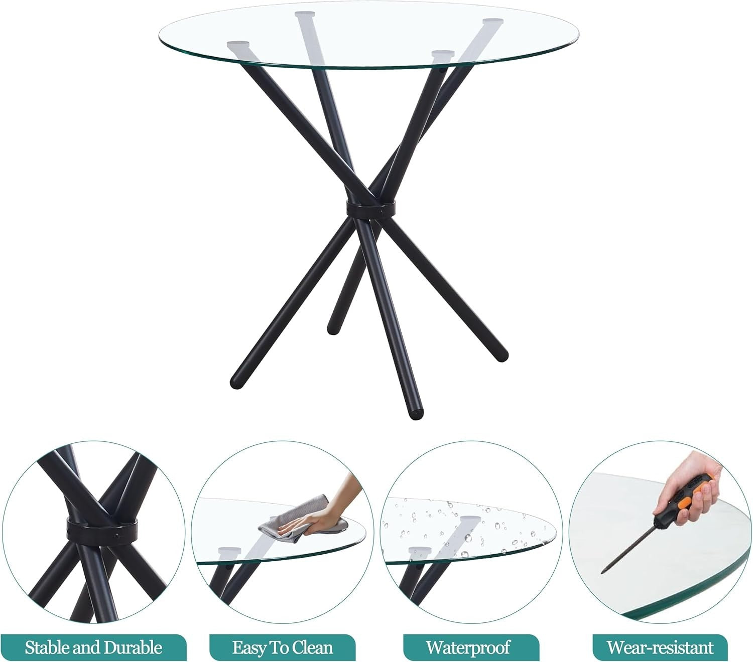 Round 5-Piece Glass Dining Table with 4 Grey PU Leather Chairs