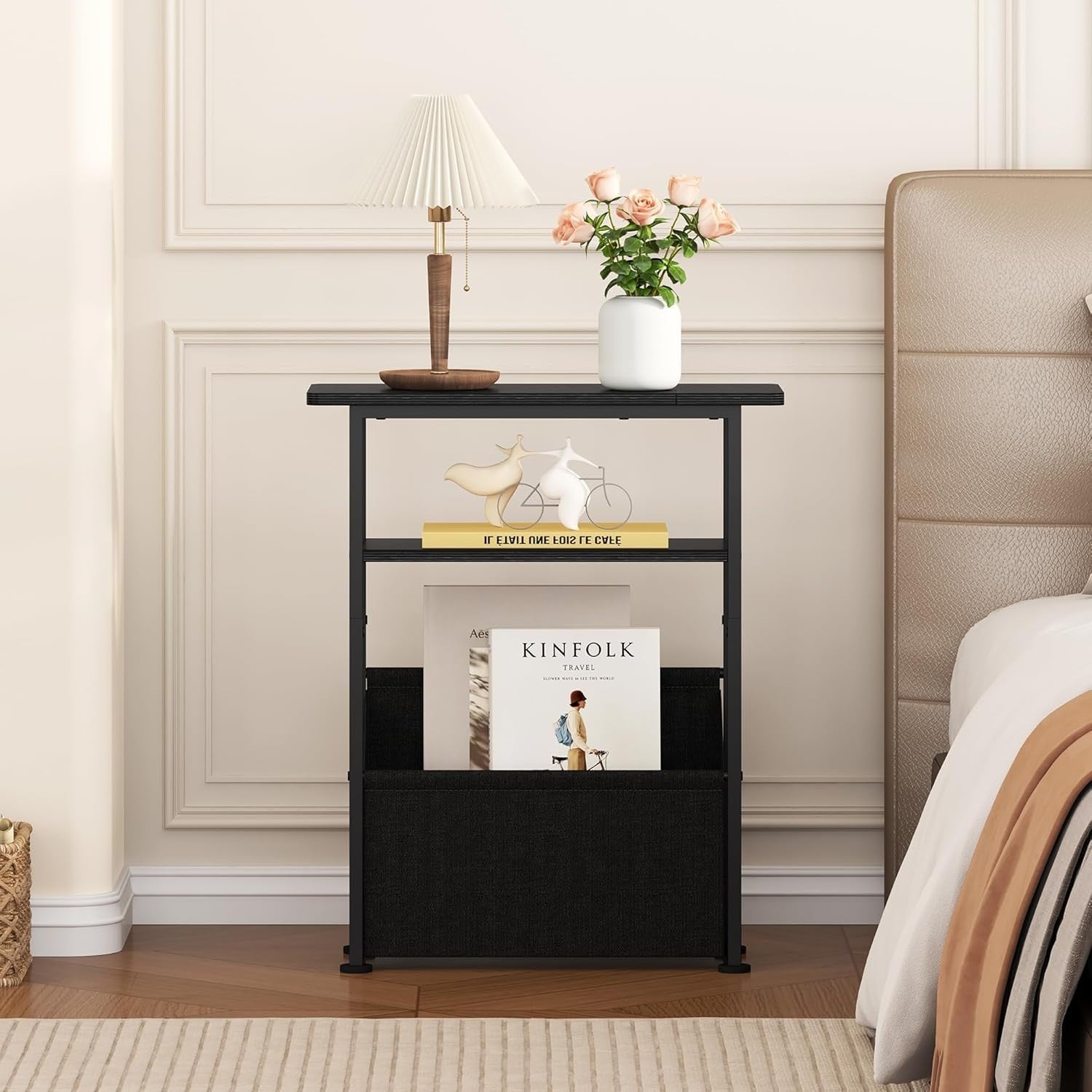Slim Side Table with Basket Storage – 3-Tier Narrow Bedside Sofa Table Black