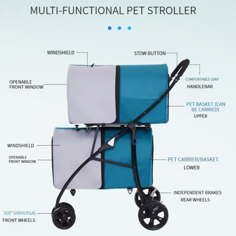 Double Pet Stroller for Dogs Cats Foldable 360° Wheels Waterproof Pram