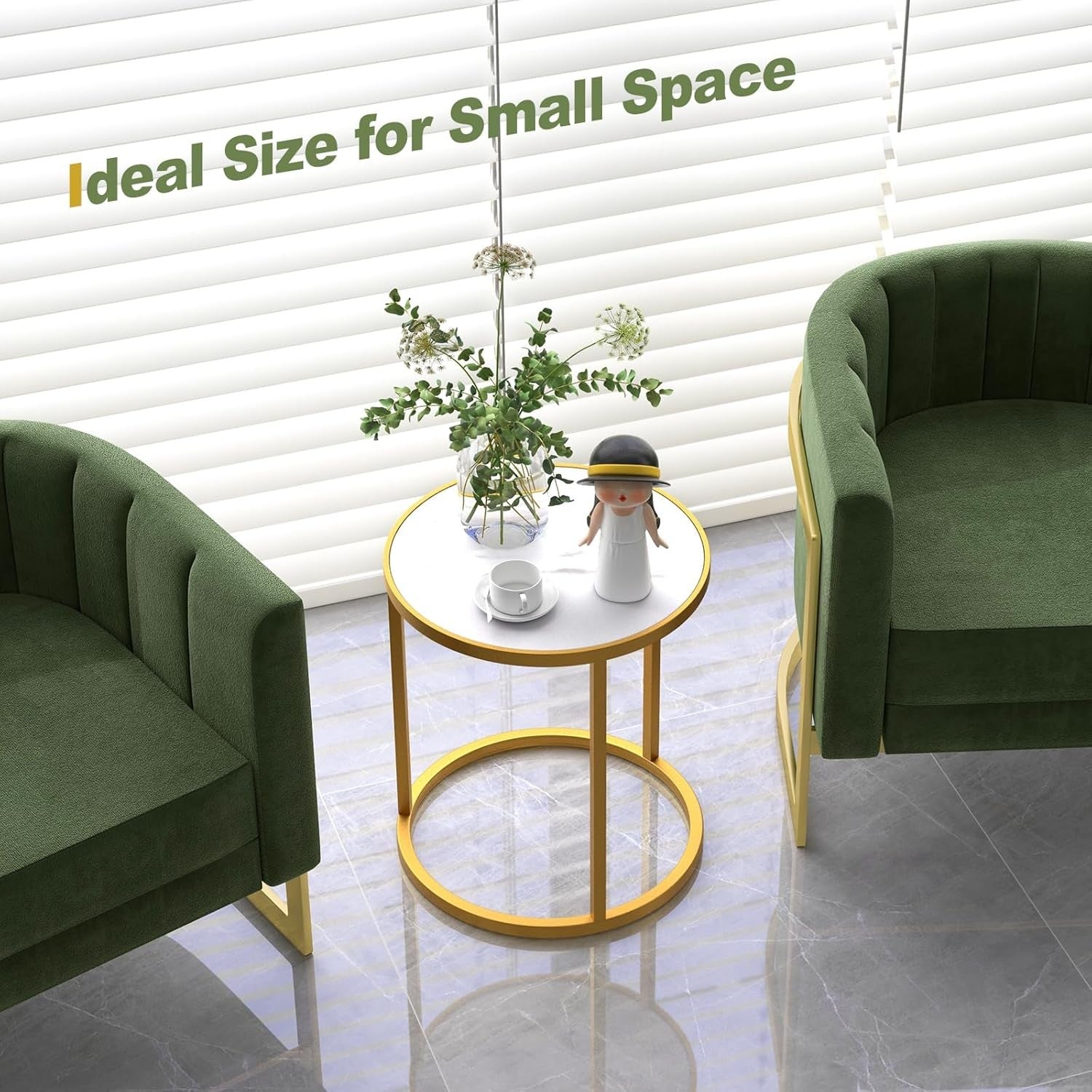 Luxury Marble Top Side Tables Set of 2 – Round Gold Metal Frame Small End Tables