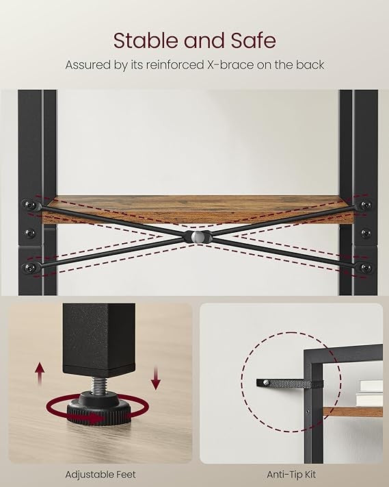 4-Tier Industrial Bookshelf Storage Unit Rustic Brown Metal Shelving Rack