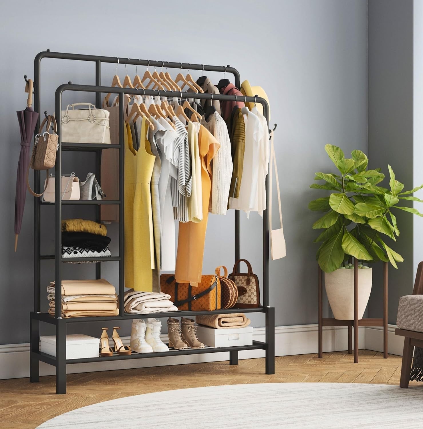 Heavy Duty Clothes Rail Black 120KG Double Hanging Rack With Shelves