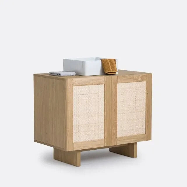 Oak Rattan Bathroom Vanity Unit 90 cm Cabinet | Soft-Close 2-Door Storage
