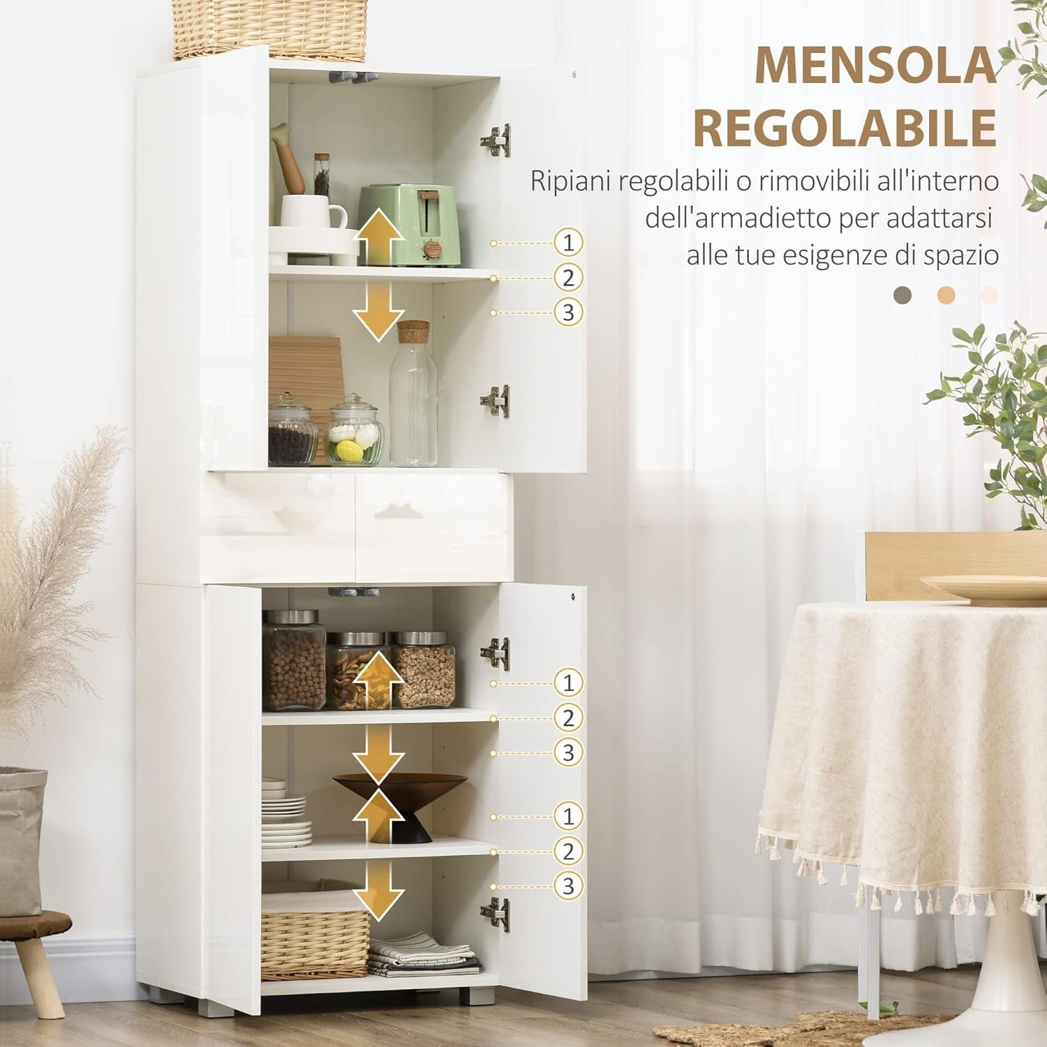 White Tall Kitchen Cupboard 170cm 4-Door Storage Cabinet Drawers Shelves