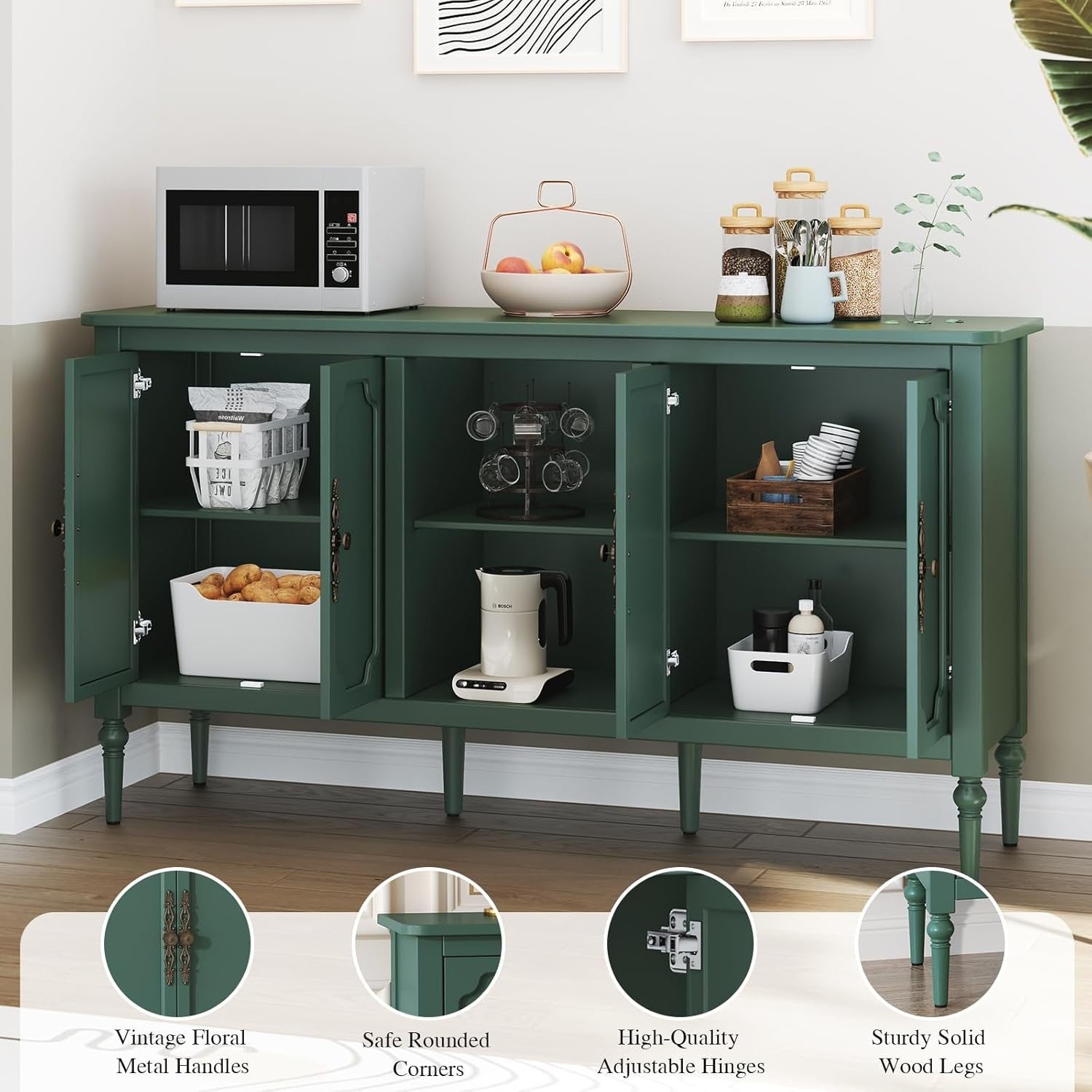 Green Wood Sideboard Cabinet 4 Door Gold Accent Buffet Storage Unit