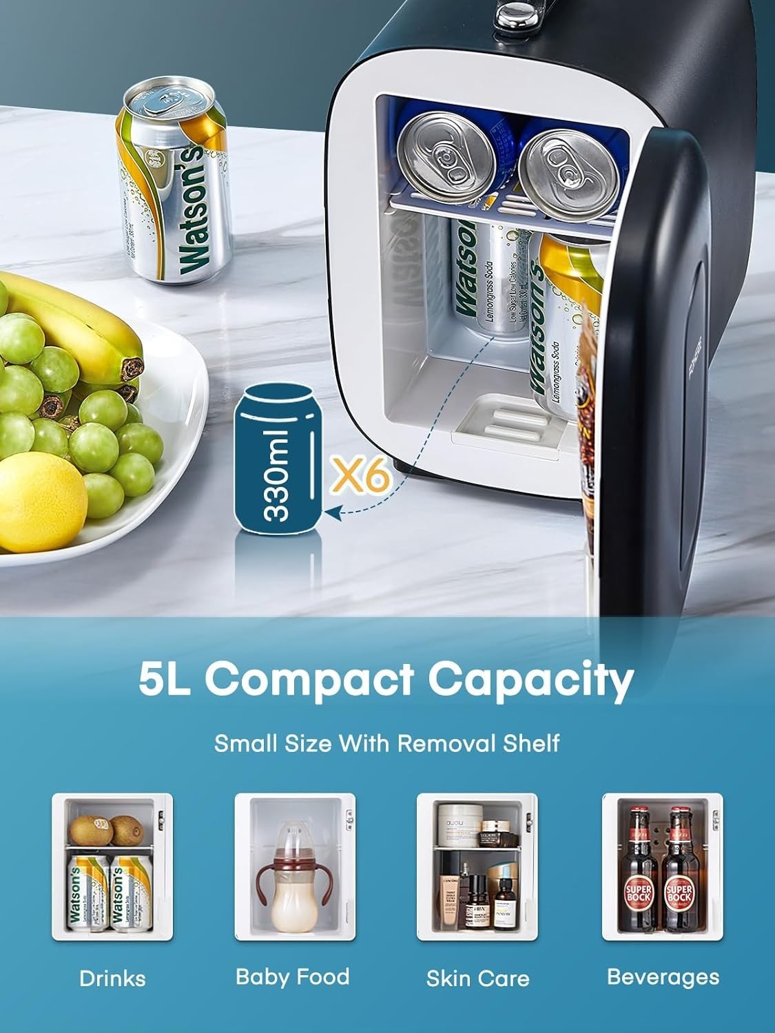 Portable 5L Mini Fridge Small Cooler for Office Bedroom Car Travel Black