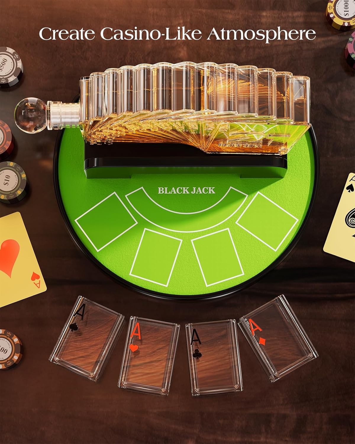 Blackjack Whiskey Decanter Set with 4 Glasses & Rotating Casino Display 1100ml