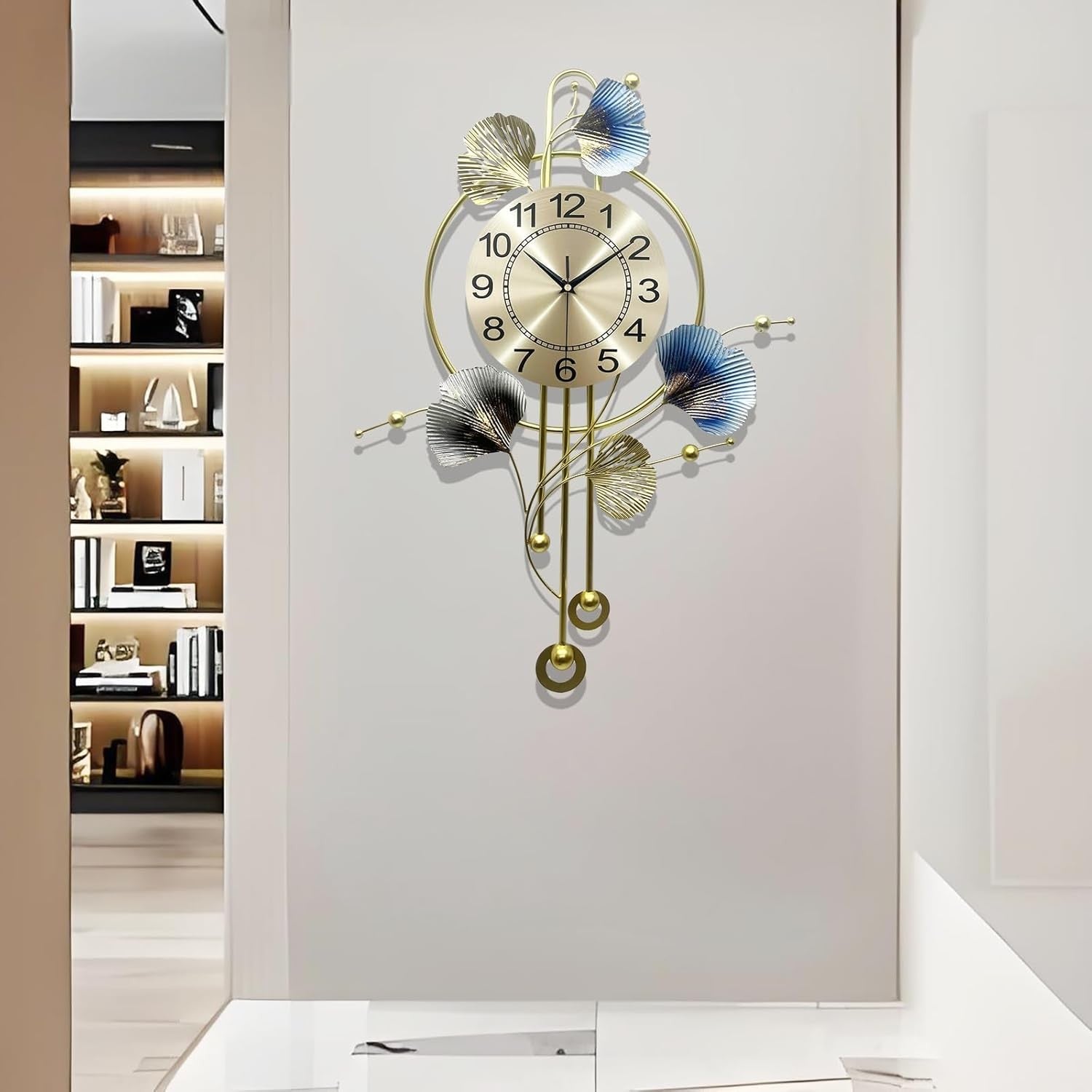 Luxury Blue Ginkgo Leaf Wall Clock 70×52cm – Silent Metal Art Pendulum Decor