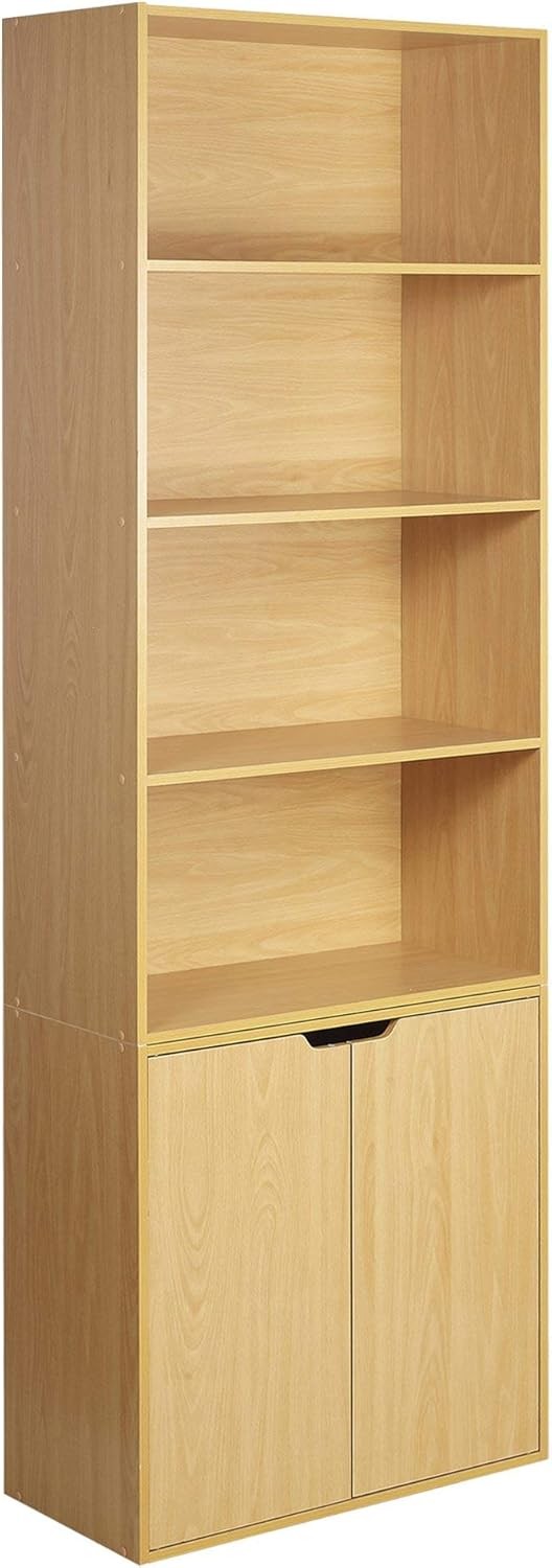 Beech 6 Tier Bookshelf with Cupboard Modern Storage Unit 59x29x180cm