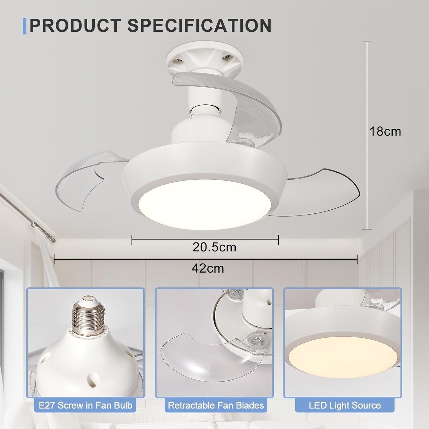 HARPER LIVING Small Ceiling Fan with Lights, 3 Retractable Blades, 30W