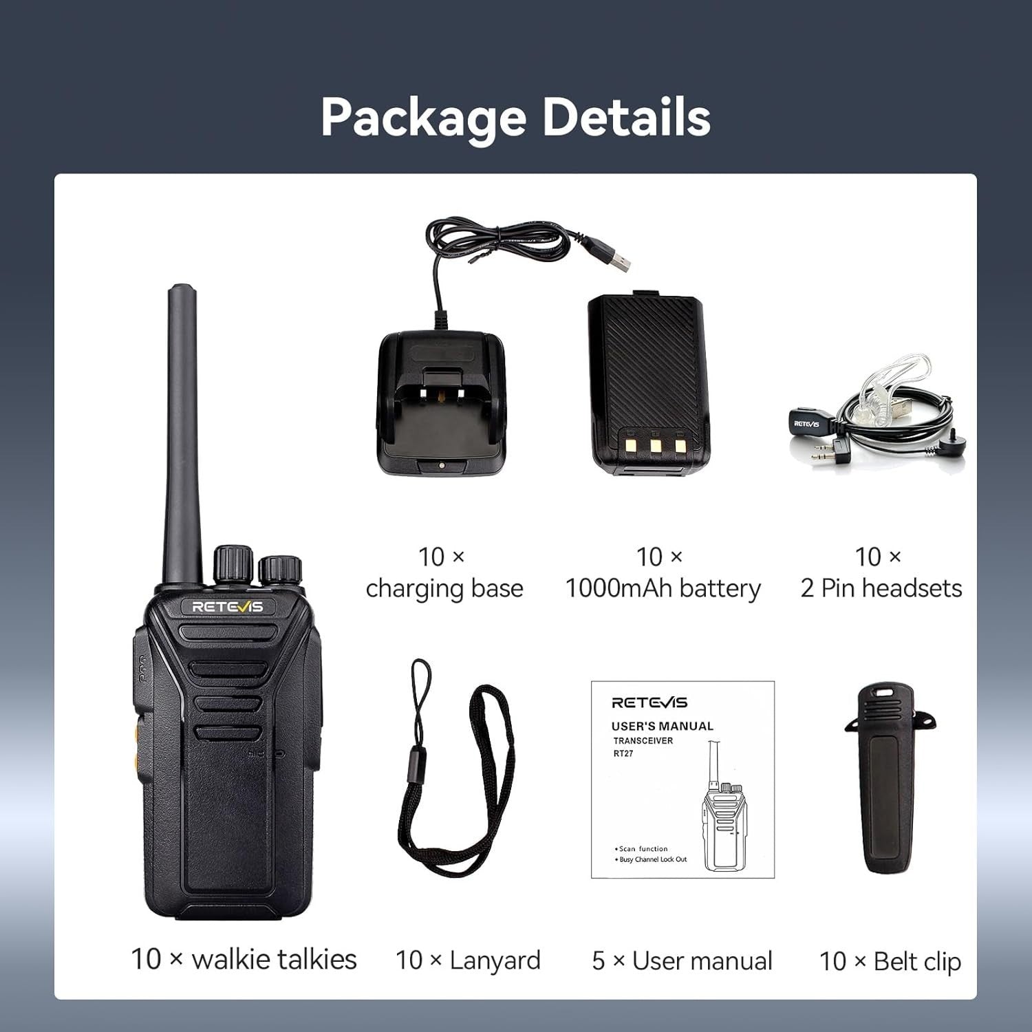 Professional Walkie Talkies 10 Pack PMR446 Rechargeable VOX 2 Way Radio