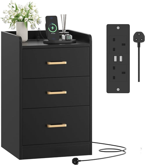 Black Bedside Table with USB Charging Station 3 Drawers Modern Nightstand